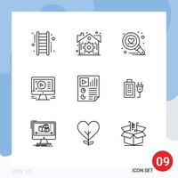 conjunto de 9 sinais de símbolos de ícones de interface do usuário modernos para relatório, documento, dados de amor, vídeo, elementos de design de vetores editáveis