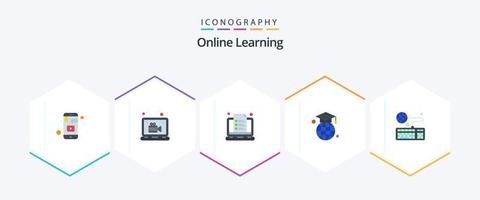 Pacote de ícones planos de aprendizado on-line 25, incluindo globo. Educação. lição. chapéu de graduação. observação vetor