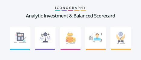 investimento analítico e Balanced Scorecard Flat 5 Icon Pack incluindo reconhecimento. dedo. tabela de desempenho. poupança. ouro. design de ícones criativos vetor