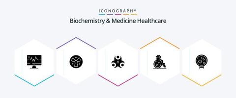 bioquímica e medicina saúde pacote de ícones de 25 glifos incluindo vírus. médico. perigo. teste. frasco vetor