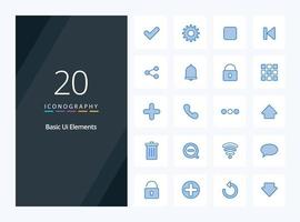 20 elementos básicos da interface do usuário ícone de cor azul para apresentação vetor