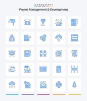 gerenciamento e desenvolvimento de projetos criativos 25 pacote de ícones azuis, como produto. lançar. liberar. caixa. recompensa vetor