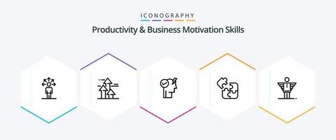 habilidades de produtividade e motivação empresarial pacote de ícones de 25 linhas, incluindo quadrado. lógica. limites. jogo. modo de energia ativar vetor