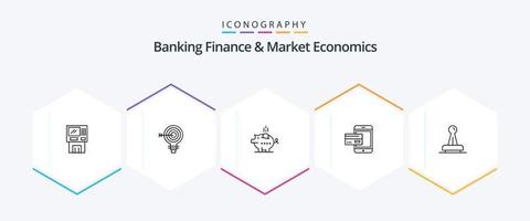 pacote de ícones de 25 linhas de finanças bancárias e economia de mercado, incluindo cofre. economia. alvo. cofrinho. lâmpada vetor