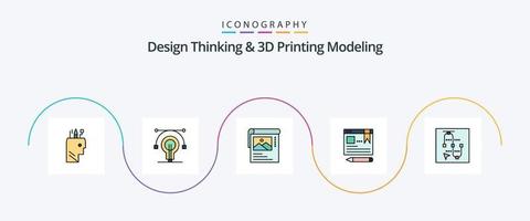 design thinking e linha de modelagem de impressão preenchida com 5 ícones planos, incluindo tela. Educação. limpador. caneta. navegador vetor