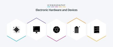 Pacote de ícones de 25 glifos para dispositivos, incluindo completo. cobrar. imac. bateria. foco vetor