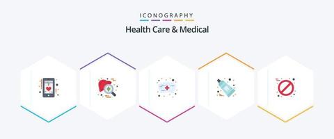 cuidados de saúde e pacote médico de 25 ícones planos, incluindo aspirina. dente. teste. limpar. enfermeira vetor