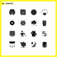 16 sinais de glifos sólidos universais, símbolos de comunicação, ciência, torta, objetivo, elementos de design de vetores editáveis