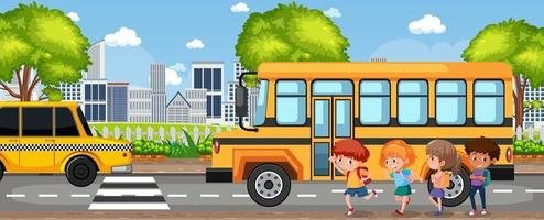 estudante indo para a escola de ônibus escolar vetor
