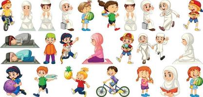 crianças fazendo atividades diferentes com personagens de desenhos animados em fundo branco vetor