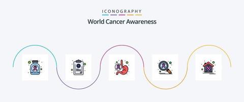 linha mundial de conscientização do câncer preenchida com 5 ícones planos, incluindo vírus. infecção. sintoma. infectar. estômago vetor