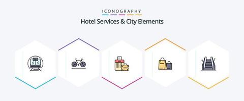 serviços de hotel e elementos da cidade 25 pacote de ícones de linha preenchida, incluindo elevador. comprar. bagagem. compras. bolsa vetor