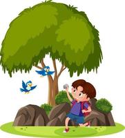 cena isolada com um menino tentando jogar pedra em pássaros vetor