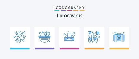 pacote de ícones azul coronavírus 5 incluindo kit. pulmões. caixa. vírus. anatomia. design de ícones criativos vetor