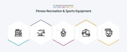 pacote de ícones de 25 linhas de equipamentos esportivos e recreação de fitness, incluindo saúde. peso. skate. pulando. pulando vetor