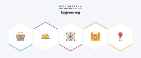 pacote de ícones planos de engenharia 25, incluindo gancho. construção. utensílios. prédio. mapa vetor