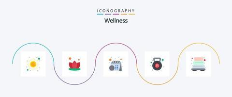 pacote de ícones de 5 planos de bem-estar, incluindo toalha. banheiro. calendário. fitness. campainha da chaleira vetor