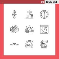 conjunto de 9 sinais de símbolos de ícones de interface do usuário modernos para construção de informação de jardim de abrigo elementos de design de vetores editáveis médicos