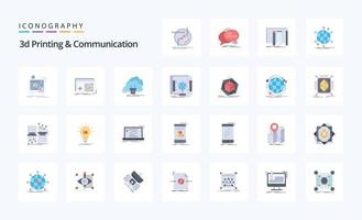 25 impressão 3D e pacote de ícones de cores planas de comunicação vetor