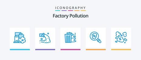 pacote de ícones azul 5 de poluição de fábrica, incluindo poeira. poluição. desperdício. pesquisar. lixo. design de ícones criativos vetor
