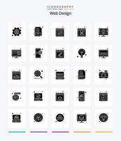 web design criativo pacote de ícones pretos sólidos de 25 glifos, como configuração. rede. desenvolvimento. contexto. ferramentas vetor