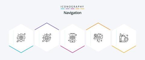 pacote de ícones de 25 linhas de navegação, incluindo compras. mapa. localização. localização. destino do voo vetor