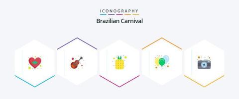 carnaval brasileiro 25 pacote de ícones planos, incluindo decoração. ar. violino. balões. natural vetor