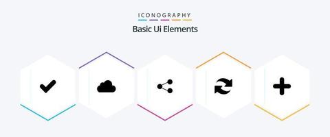 elementos básicos da interface do usuário 25 pacote de ícones de glifo, incluindo novo. repita. meios de comunicação. girar. atualizar vetor