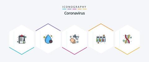 pacote de ícones de linha preenchida de coronavírus 25, incluindo dna. medicamento. positivo. drogas. spray desinfetante vetor