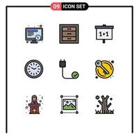 9 interface do usuário pacote de cores planas de linha cheia de sinais e símbolos modernos de relógio de parede conectado, tempo de aprendizado, jantar, elementos de design de vetores editáveis