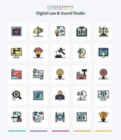 direito digital criativo e pacote de ícones cheios de 25 linhas de estúdio de som, como digital. negócios. entendimento. lei. digital vetor