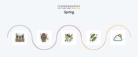 linha de primavera cheia de pacote de 5 ícones planos, incluindo sol. céu. flor. comida. ervilhas vetor