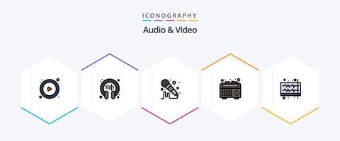 áudio e vídeo 25 pacote de ícones de linha preenchida, incluindo onda. som. microfone. música. gravador vetor