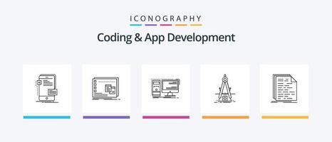 codificação e pacote de ícones da linha 5 de desenvolvimento de aplicativos, incluindo codificação. api. aplicativo. desenvolvedor. móvel. design de ícones criativos vetor