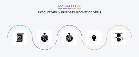 pacote de ícones de habilidades de produtividade e motivação de negócios glifo 5, incluindo informações. brilho. prática. lâmpada. sem parar vetor
