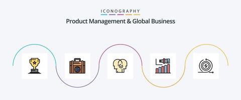 gerenciamento de produtos e linha de negócios global preenchida com 5 ícones planos, incluindo visão. moderno. negócios. longo. seleção vetor