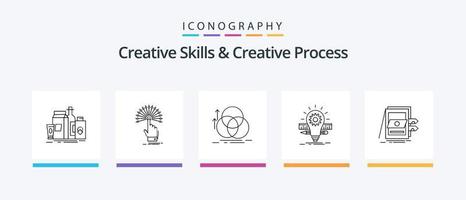 habilidades criativas e pacote de ícones da linha 5 do processo criativo, incluindo pinças. medir. lâmpada. web design. ferramenta. design de ícones criativos vetor