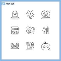 9 ícones criativos sinais modernos e símbolos de coração loja bilhar compras venda elementos de design de vetores editáveis