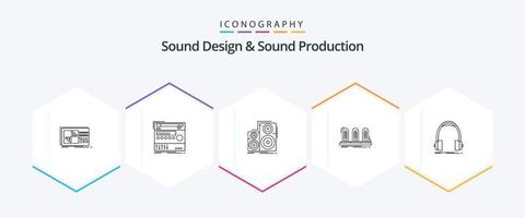 design de som e produção de som pacote de ícones de 25 linhas, incluindo lâmpada. amplificador. som. estúdio. monitor vetor