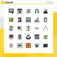 pacote de interface do usuário de 25 cores planas de linha preenchida básica de elementos de design de vetores editáveis de fone de ouvido de jantar de escola de comida assada