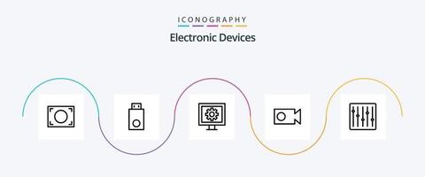 Dispositivos linha 5 pacote de ícones incluindo dj. controles. ao controle. vídeo. câmera vetor