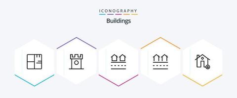 Pacote de ícones de 25 linhas de edifícios, incluindo casa. edifícios. colinas. residências. habitação vetor