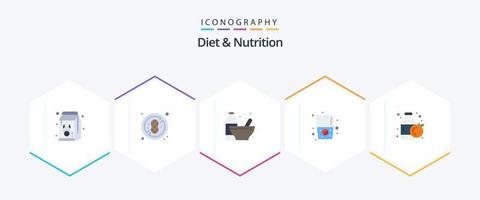 dieta e nutrição 25 pacote de ícones planos, incluindo laranja. bebida. musculação. água. proteína vetor