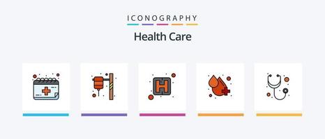 linha de cuidados de saúde encheu o pacote de 5 ícones, incluindo cuidados de saúde. batimento cardiaco. cápsula. coração. Cuidado. design de ícones criativos vetor