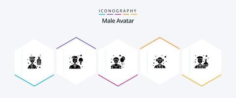 pacote de ícone de 25 glifos de avatar masculino, incluindo avatar. Ciência. esporte. professor. palhaço vetor