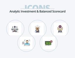 investimento analítico e linha de scorecard balanceada cheia de ícones pack 5 design de ícones. lupa. global. financeiro. troféu. xícara vetor