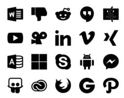 20 pacotes de ícones de mídia social, incluindo bate-papo do messenger linkedin skype microsoft access vetor