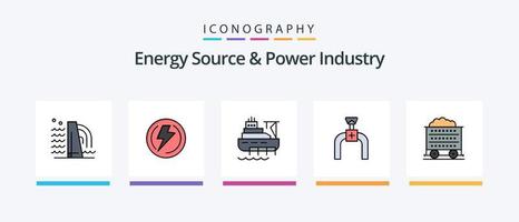 fonte de energia e linha da indústria de energia cheia de 5 ícones, incluindo construção. poder. barril. energia. turbina. design de ícones criativos vetor