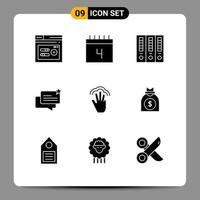 conjunto moderno de 9 glifos e símbolos sólidos, como gestos, arquivo de loja, bate-papo on-line, elementos de design de vetores editáveis