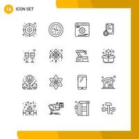 conjunto de esboço de interface móvel de 16 pictogramas de planejamento de bebidas, otimização de negócios, elementos de design de vetores editáveis
